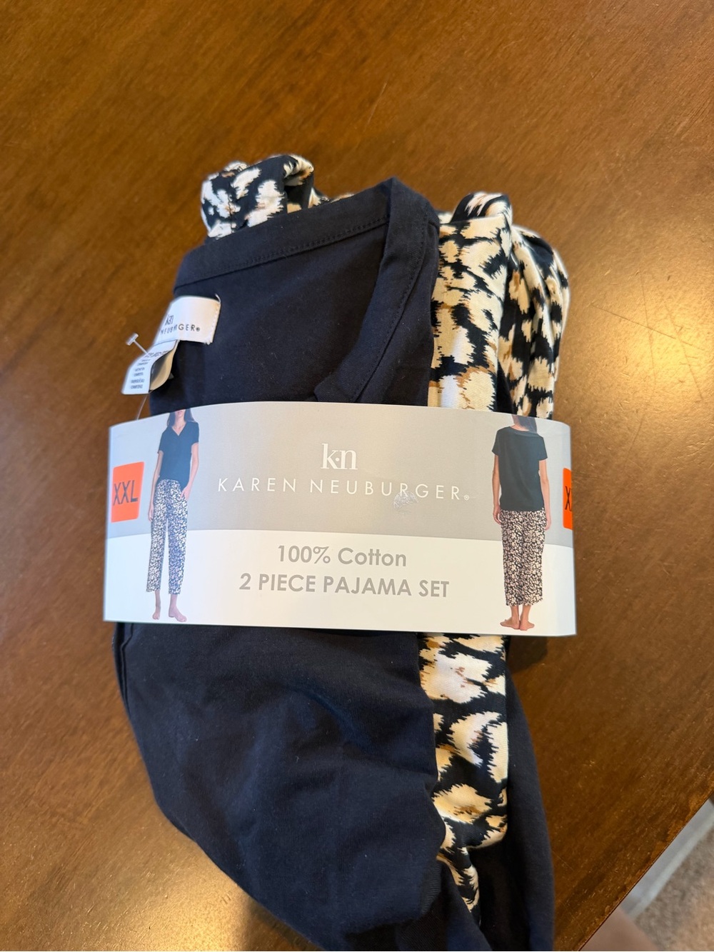 Karen Neuburger Navy Top with Black and Cream Animal-Print Pajama Set